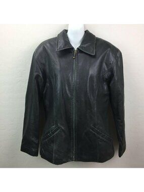 Wilsons Vintage 90s Womens Black Leather Jacket Full Zip Pockets Size Large